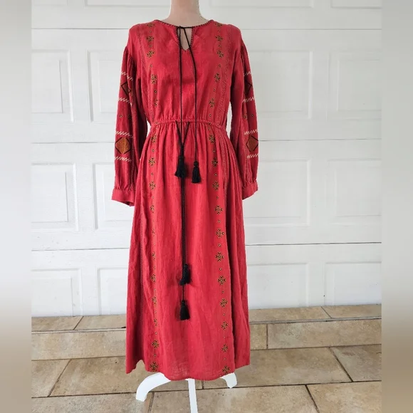 Zara TRF Boho Maxi Dress Red Embroidered Long Sleeve Peasant Ethnic Festival M - Picture 2 of 16